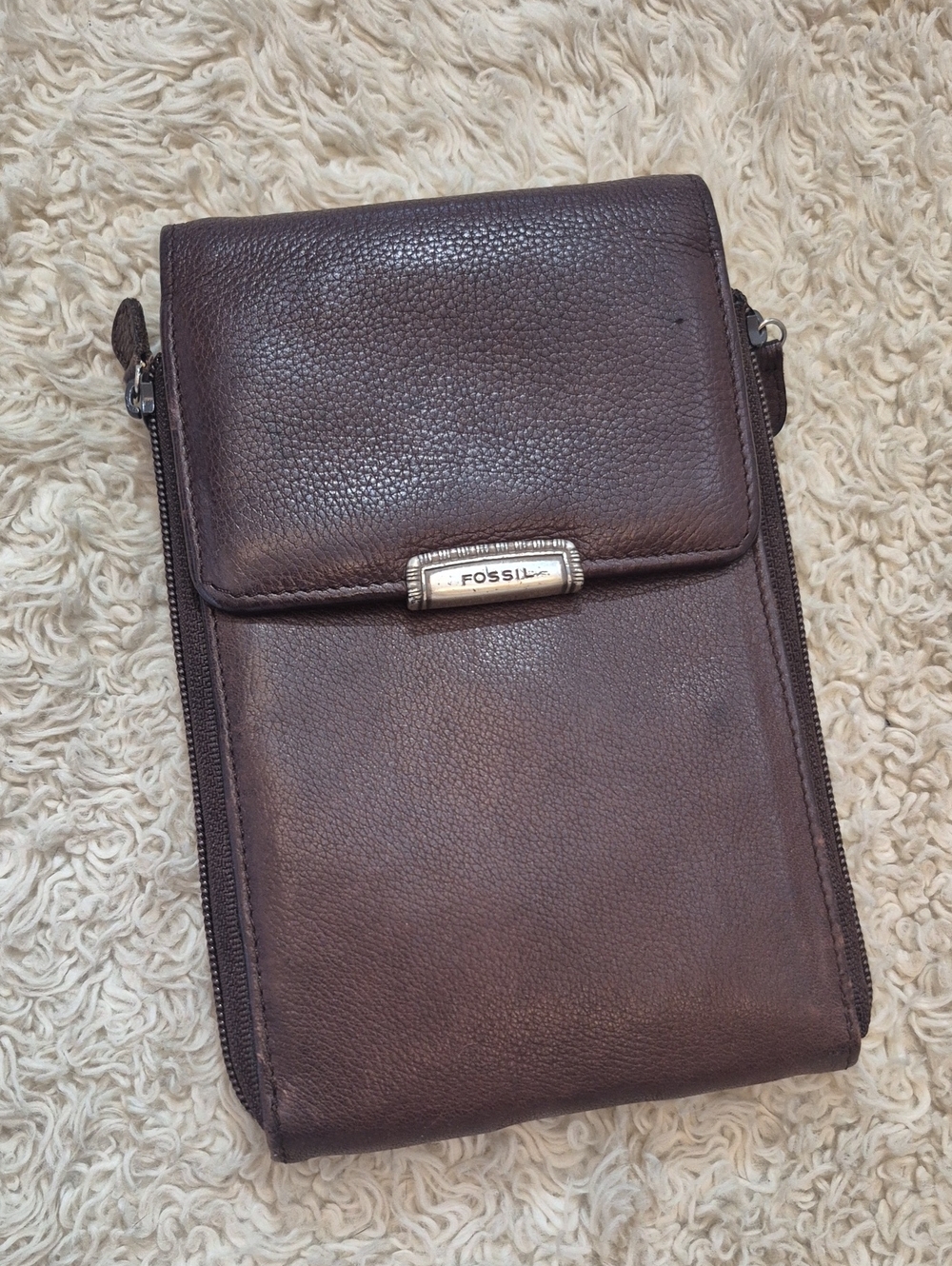 FOSSIL Tri-fold Wallet Double Zip Clutch Crossbody Purse *Missing Strap*